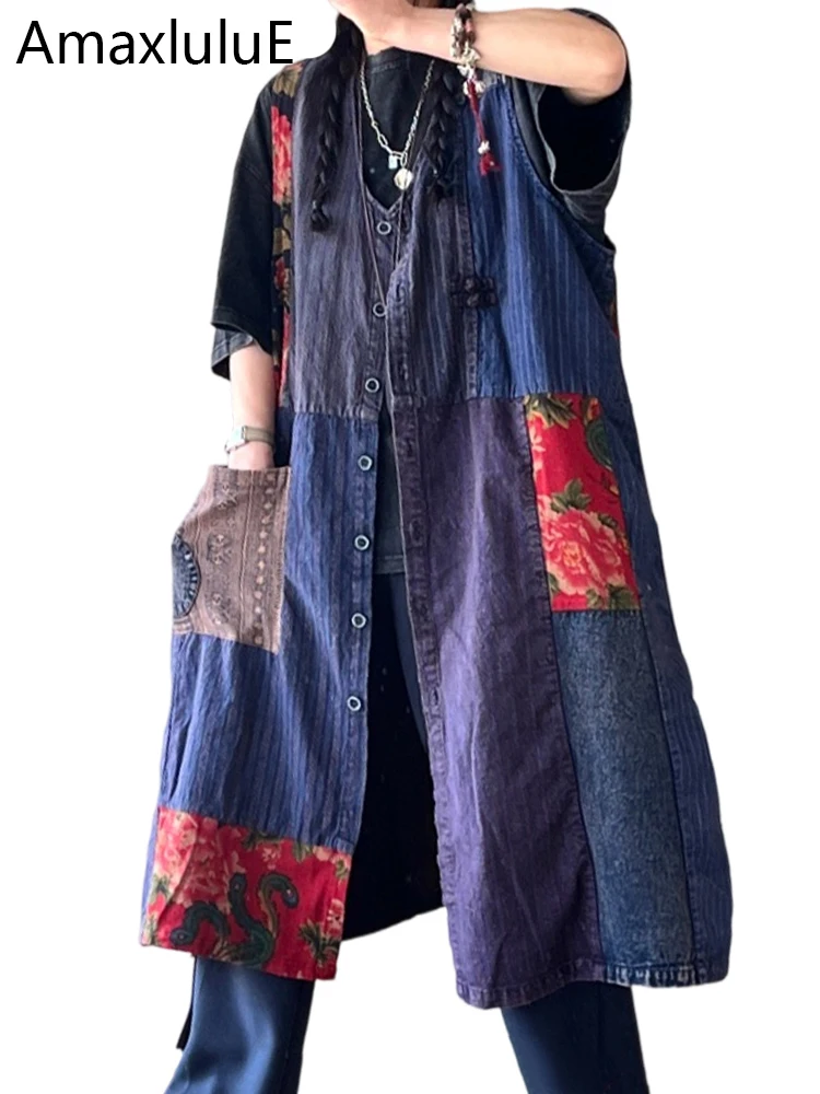 

Amax LuluE Fashion Chinese Fall Long Clothes Womens Vintage Loose Denim Vest Ladies Classic Sleeveless Coats Casual Waistcoats