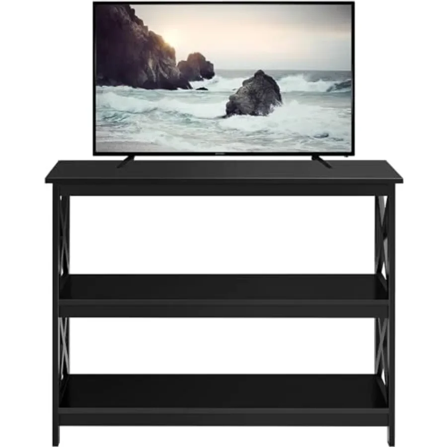 Tall TV Stand with 2 Shelves for Bedroom Living Room, engineered wood, matte black, adjustable shelving and cable management