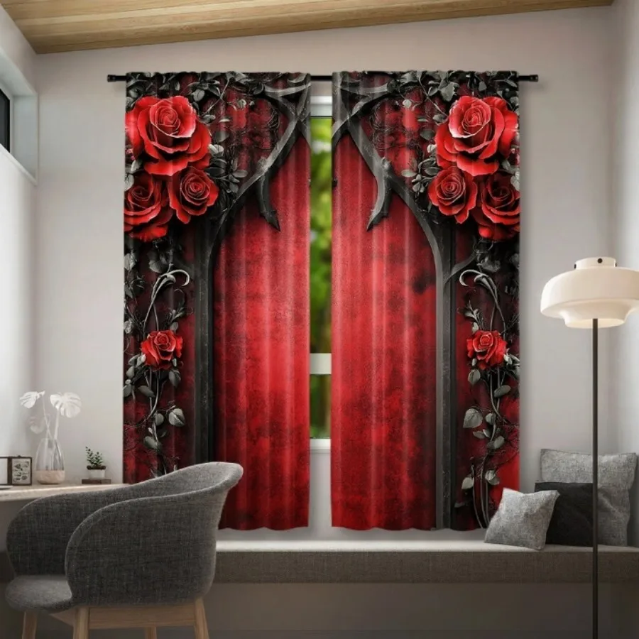 2PCS Digital Print Curtain, Thorn Red Rose Gothic Floral, Dark Romantic Edgy for Living Room Bedroom Kitchen Window Decor