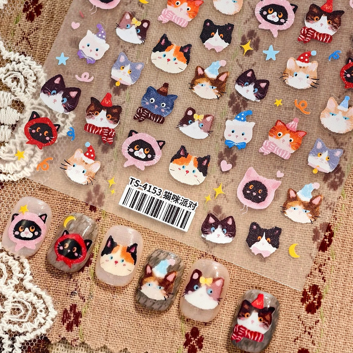 귀여운 고양이 파티 달 별 만화 3D 셀프 접착 네일 아트 스티커 사랑스러운 모자 스카프 나비 매듭 새끼 고양이 매니큐어 데칼 도매