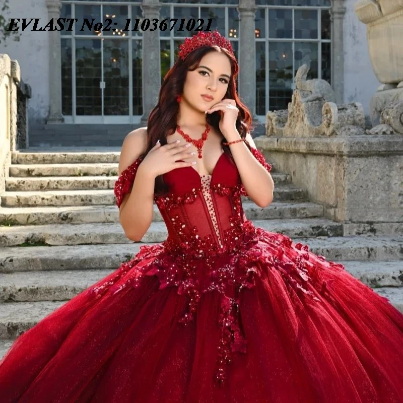EVLAST personnalisé paillettes bordeaux Quinceanera robe 3D Floral Applique perles Corset fête douce 16 robes 15 Anos E2QA102