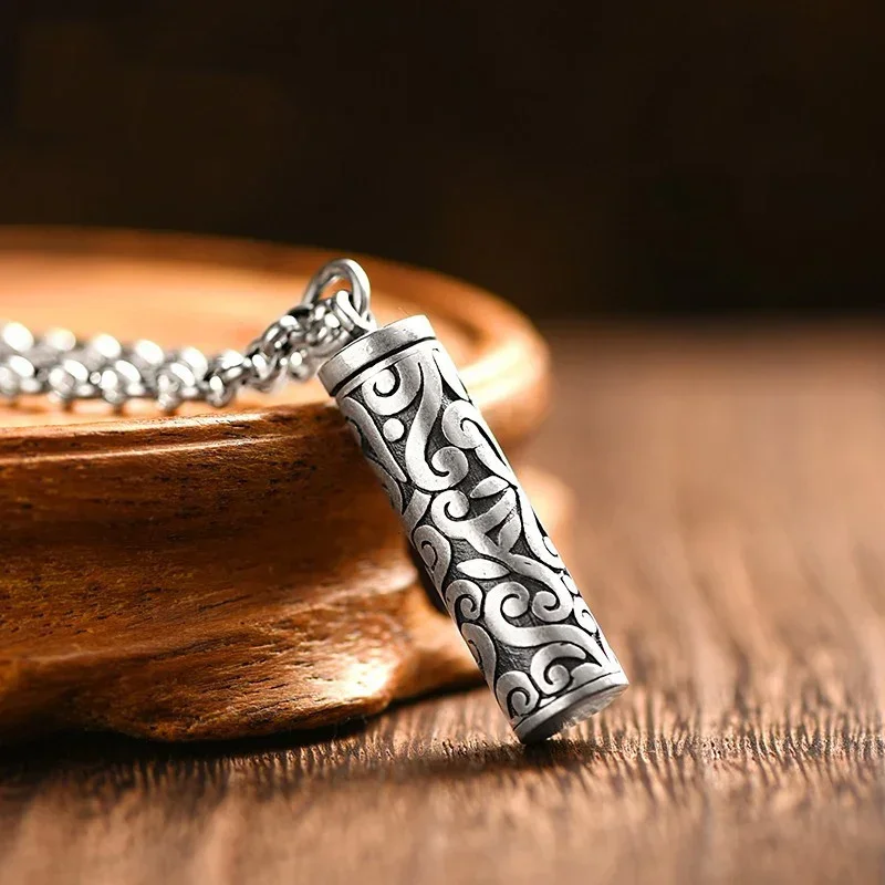 925 Silver Hollowed Out Pendant Can Be Opened Patterned Cylindrical Necklace for Men and Women's Vintage Ethnic Style Jewelry 3