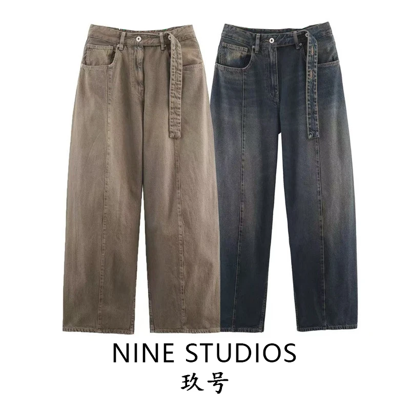 Low Waist Loose Fit Jeans Women's Casual Belt Decorated Trousers European Sle Cotton Jeans Winter Collection Ladies