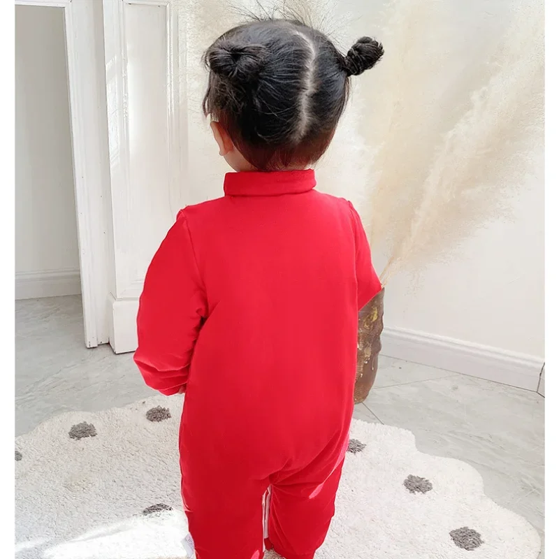 Baju katun murni Tradisional Cina 2 warna untuk bayi perempuan Kawaii Romper merah bordir Hanfu Tang Suit pakaian Tahun Baru