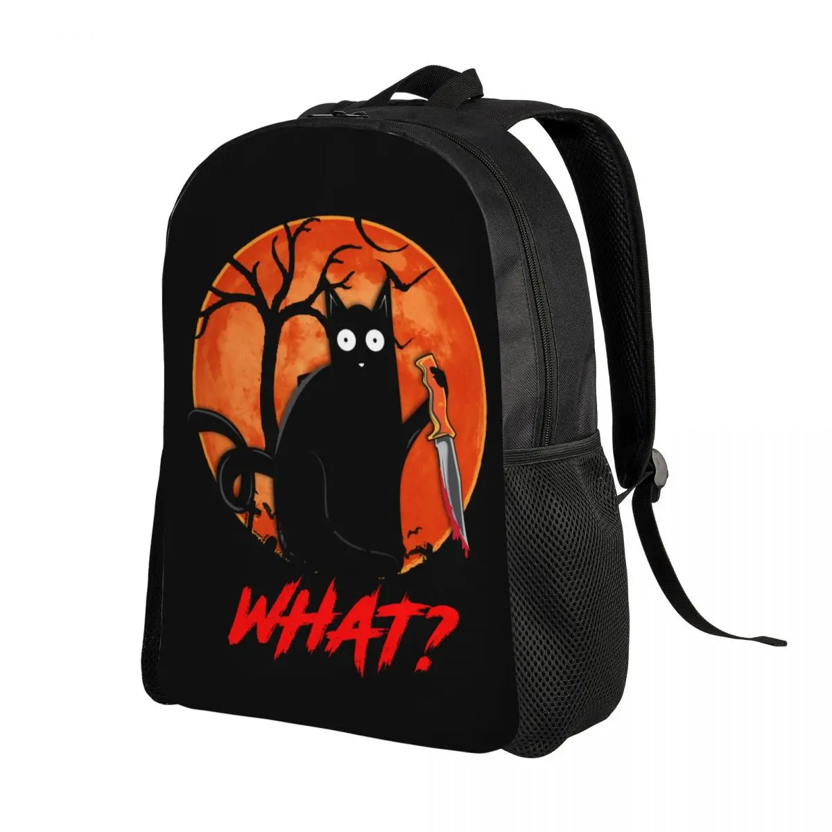 What Funny Black Cat Laptop Backpack Women Men Basic Bookbag for College School Student Murderous Cat With Knife Halloween Bags