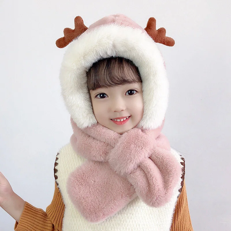 Autumn Winter Fleece Hat Scarf For Kids Ear Protection Cap Warmer Neck Scarf Children Cartoon Cute Beanies Cap Baby Girls Hat