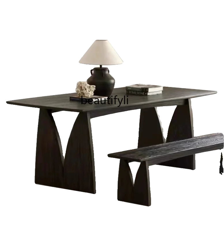 Nordic Solid Wood Black Dining Table Modern Minimalist Ash Wood Negotiation Tea Making Table Rectangular Workbench