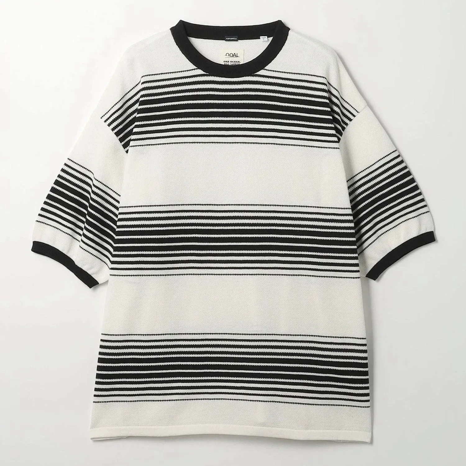 Nanamica Joint Name Monkey Time Heavy Weight Knitted Stripes Short sleeve Pure Cotton Retro Japan fashion round Neck Loose