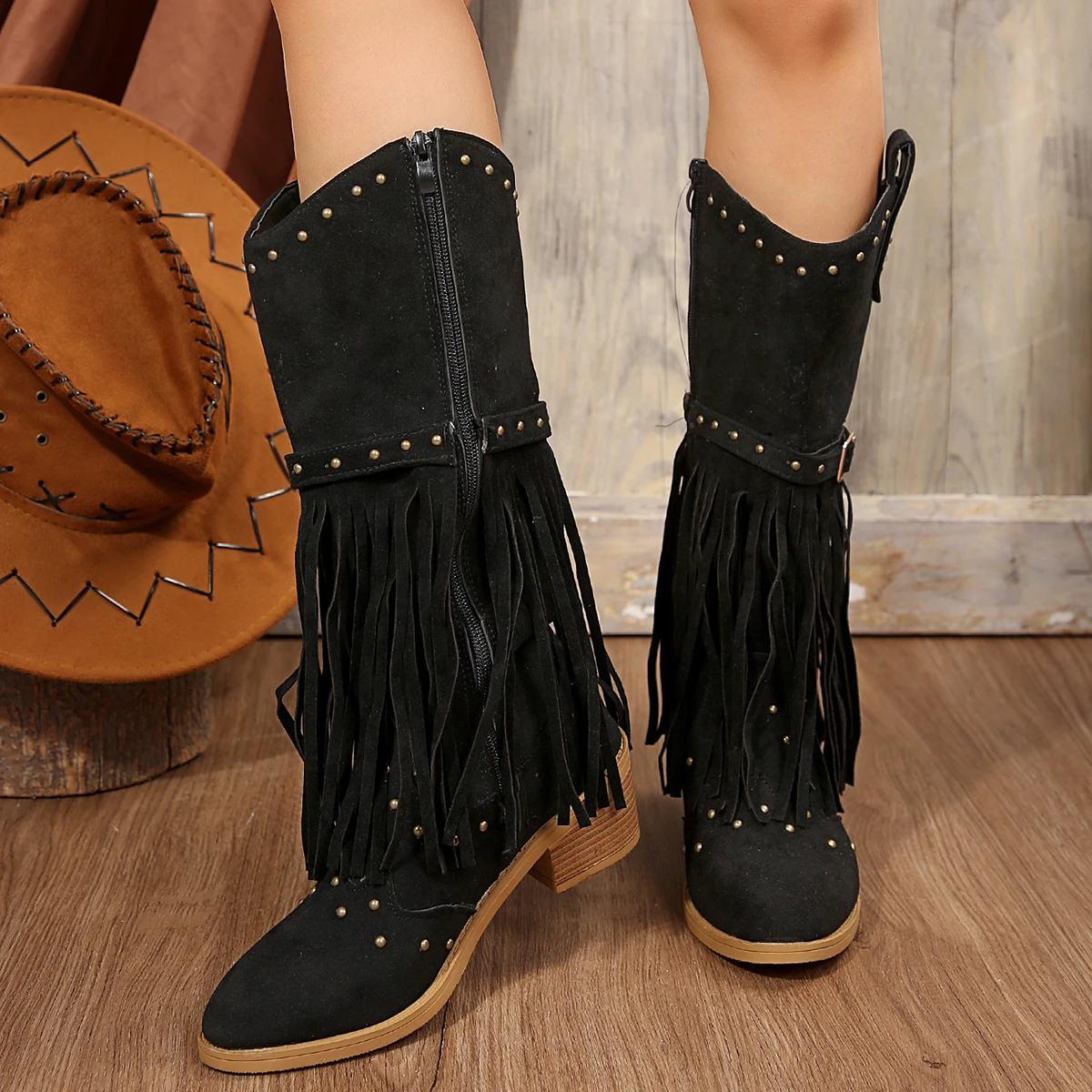 Studded Cowboy Boots Woman Western Short Barrel Boots Low Heel Trend Stylish Plus Size Comfortable New Rock Goth Moccasin