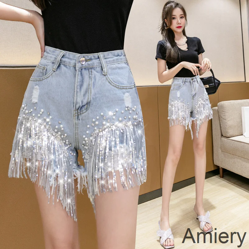 Womens  Summer Denim Shorts 2023 Y2k Elegant Fashion High Waist Diamond Studded Rhinestones Sequin Jean Pants For Ladies