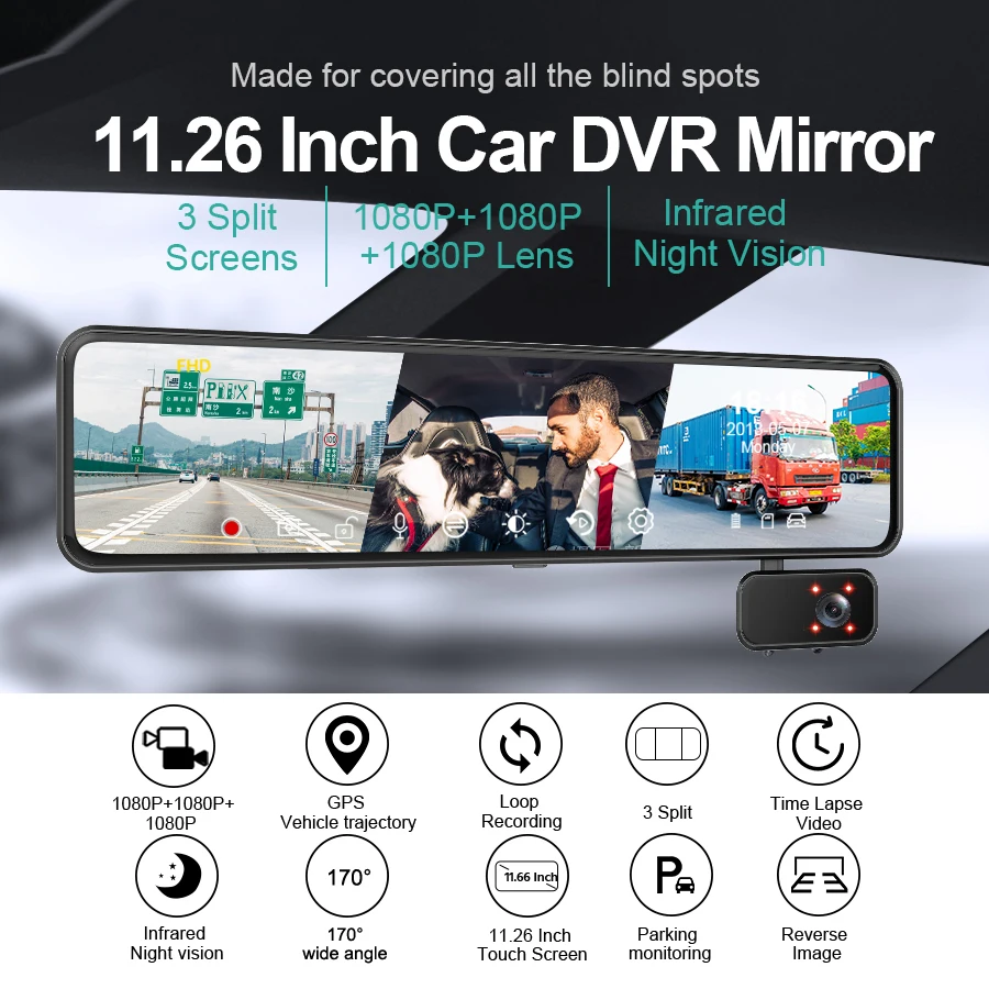 Yanace 3 Channel Car Dvr Mirror HD 1080P 3 Lens Video Recorder Front/Inside/Rear Camera Registrar Dash Cam with WIFI GPS 24h Par