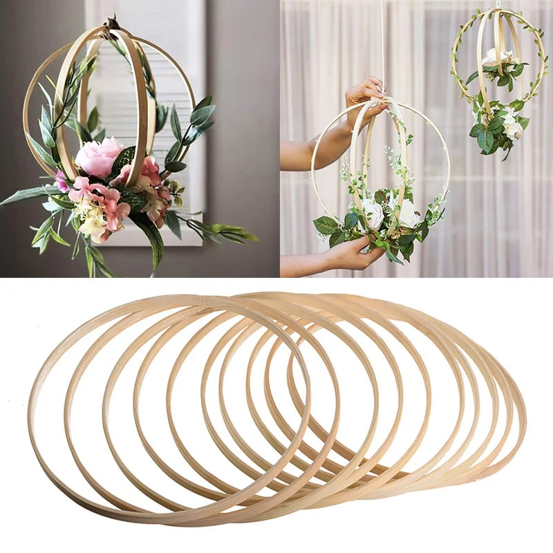 10Pc Wooden Bamboo Floral Circle Hoop Macrame Hoop Wood Rings for Wedding Party Home DIY Flower Wreath Dream Catcher Frame Decor