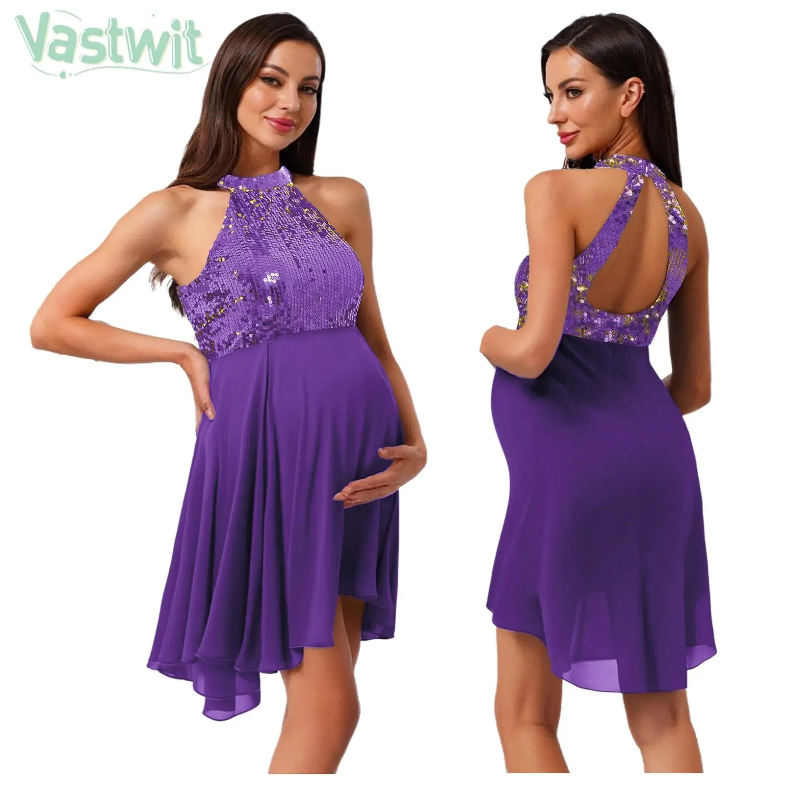 

Pregnant Women Sequin Chiffon Party Dress Halter Sleeveless Backless Gown Birthday Wedding Prom Banquet Photography Costume