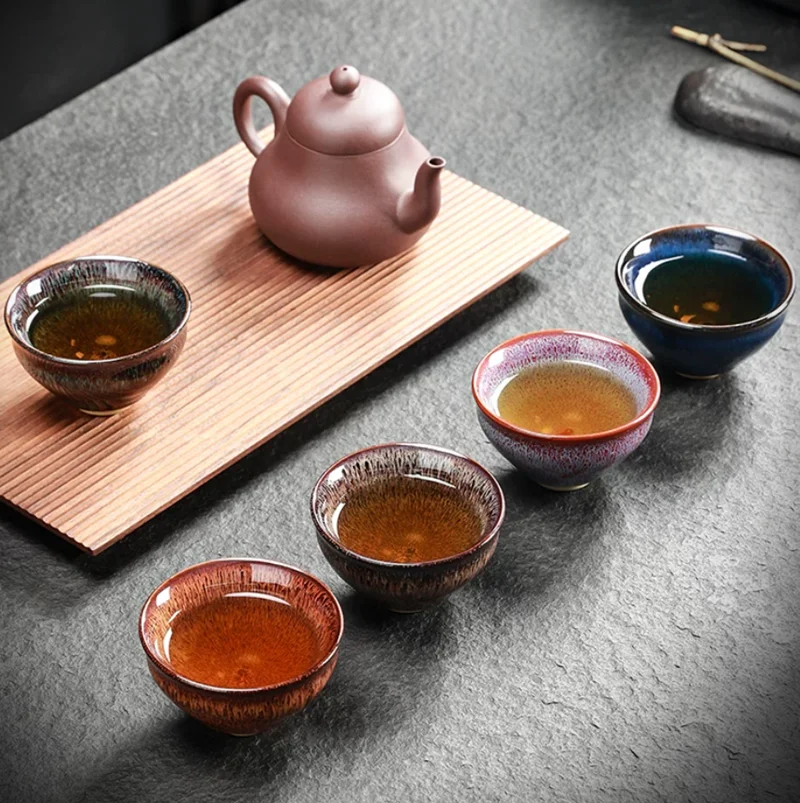 Chinese Retro Kiln Turned Ceramic Tea Bowl, Five Element Cup, Ceramic Construction Cup, 5-color Tea Cup, Gift Box, Tea Set