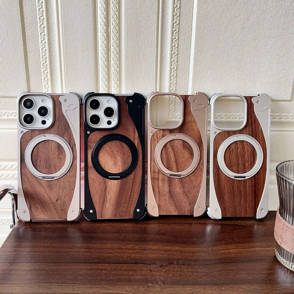 

Frameless Aluminum Alloy with Detachable Walnut Wood Phone Case for iPhone 16 15 Pro Max with Magnetic Rotating Bracket