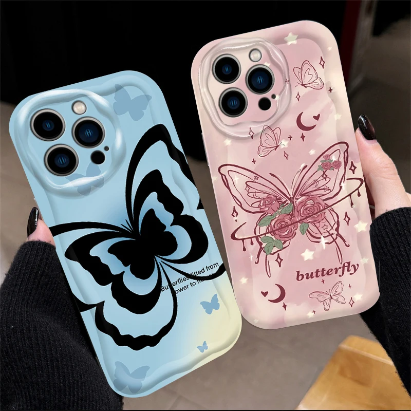 Coque de téléphone de luxe vague 3D fleur papillon, étui en Silicone pour IPhone 17 16 15 14 13 12 11 Pro Max Plus 17Air 16E XR XS X 7 8