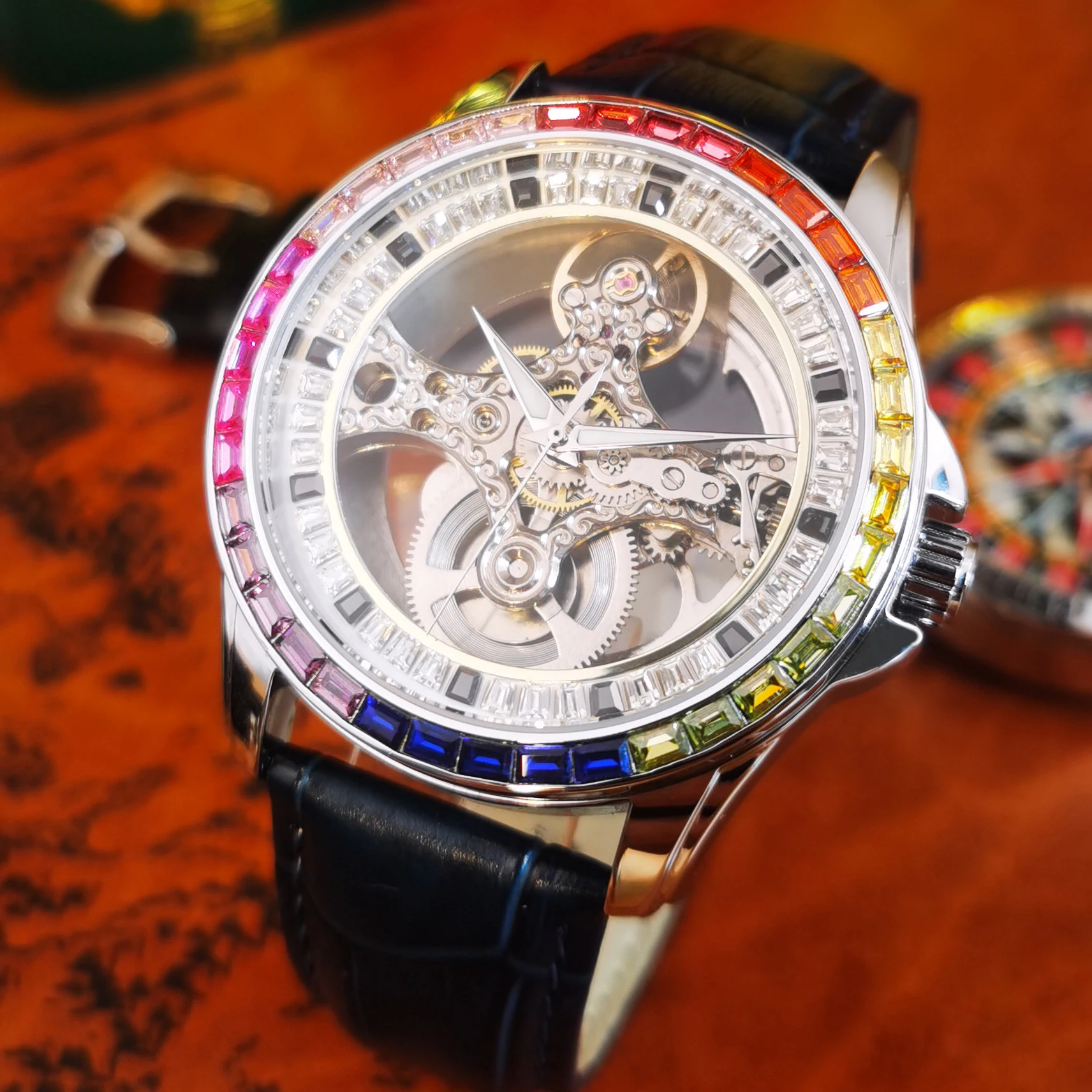 

AOKULASIC Роскошные автоматические часы со скелетом для мужчин, модный синий кожаный ремешок со светящимися стрелками, деловые механические мужские часы, новые