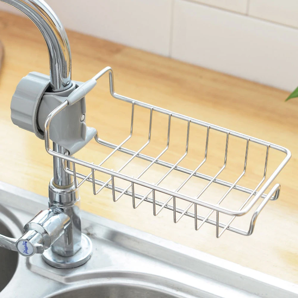 Drain Basket Easy To Store Hollow Design Faucet Rack Large Capacity Design Screw Embedded Faucet Stainless Steel Rack Shelves