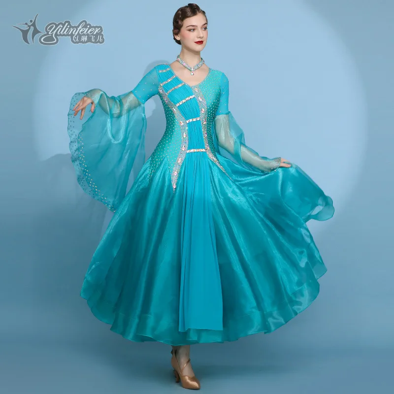 高品質の女性大人のロングダンスウェアヘビーインクピーコックブルー衣装カスタム社交ダンスドレス