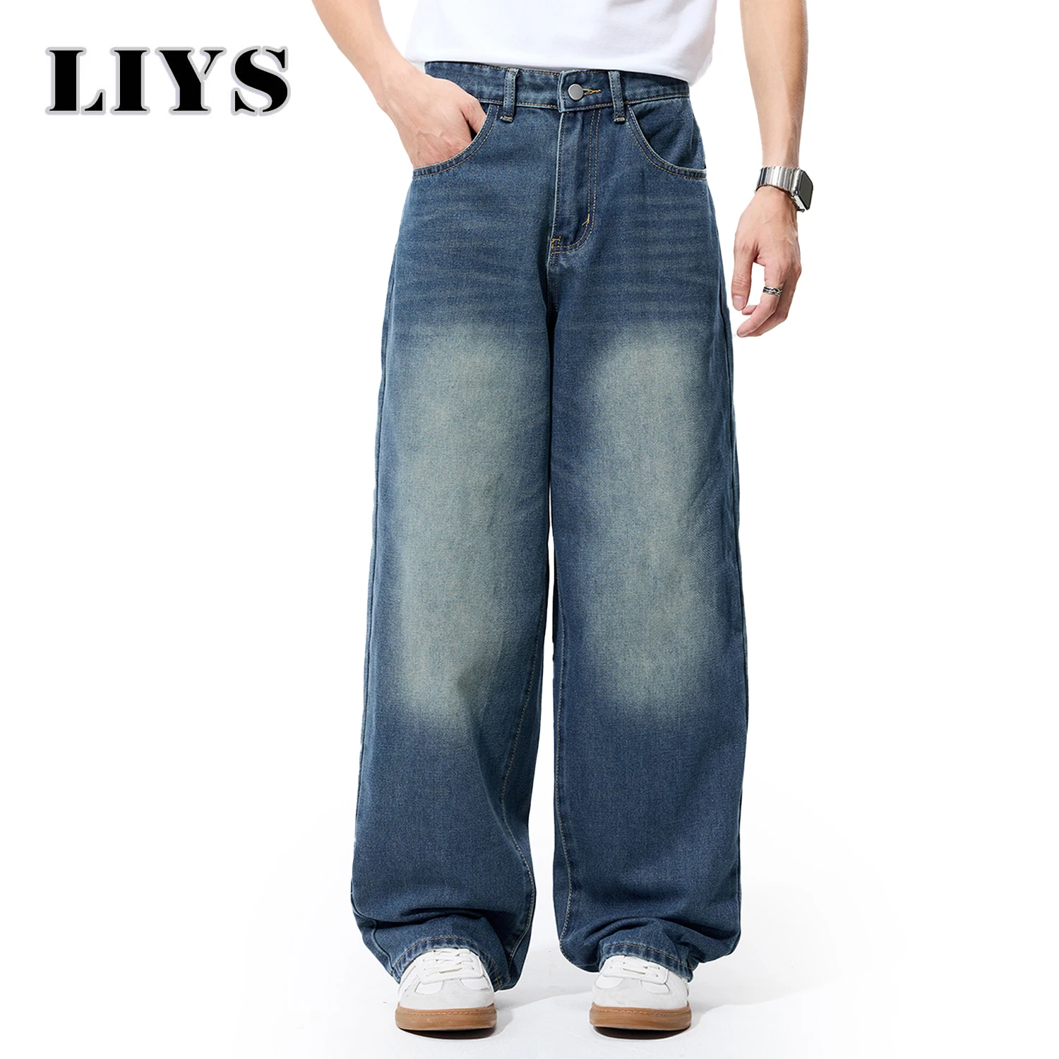 

Осенние мужские повседневные свободные прямые джинсы, американские классические мужские потертые уличные зимние базовые джинсовые брюки в стиле ретро