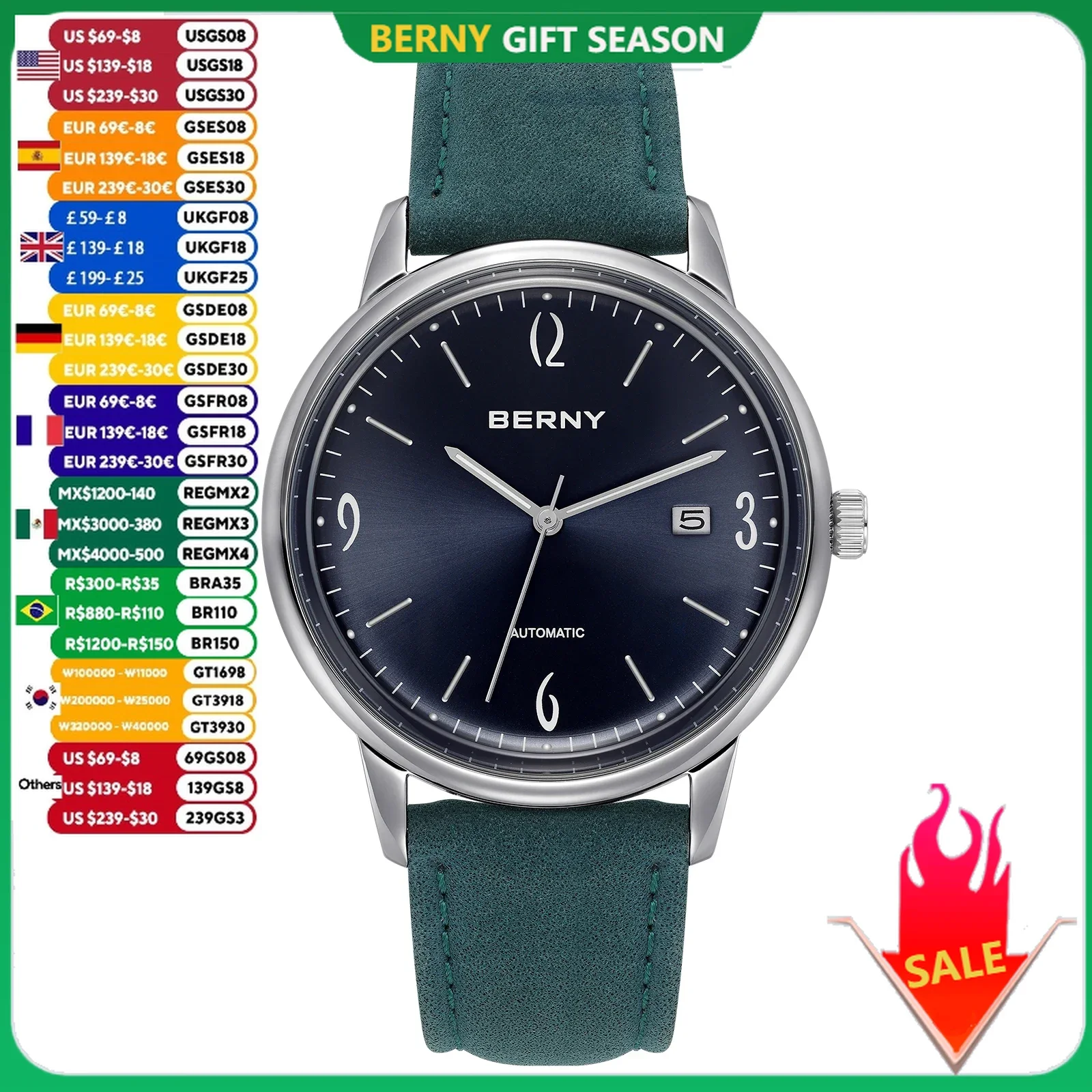 BERNY Automatic Watches for Men Starlight Luminous Easy Read Mechanical Watch Calendar Waterproof Suede Leather Mens Wristwatch