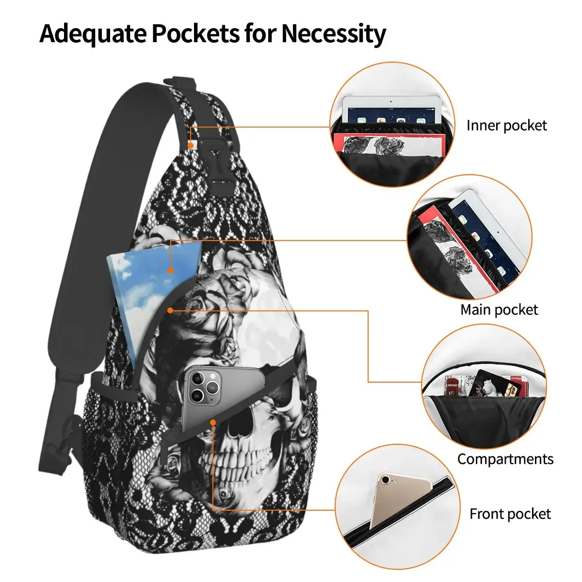 Gothic Lace Skull Crossbody Chest Bags Pockets Travel Pack Messenger Sports Teens Shoulder Bag Unisex