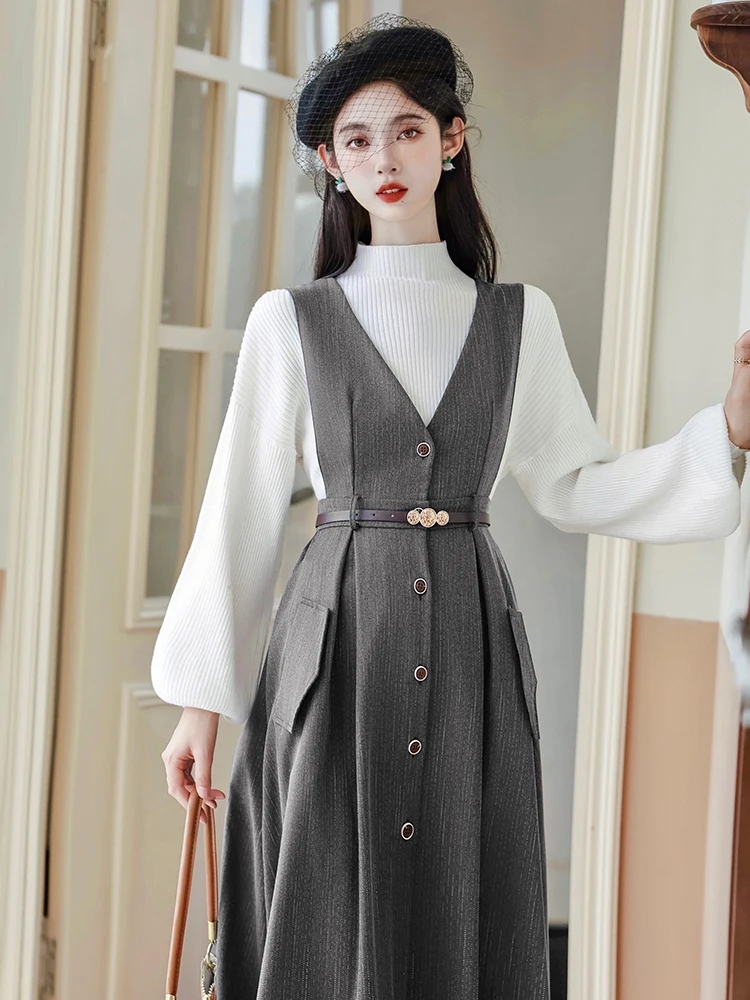 Fashion Office Lady Two Piece Dress Set Women Autumn Winter White Sweater and Long Woolen Dress Outfits