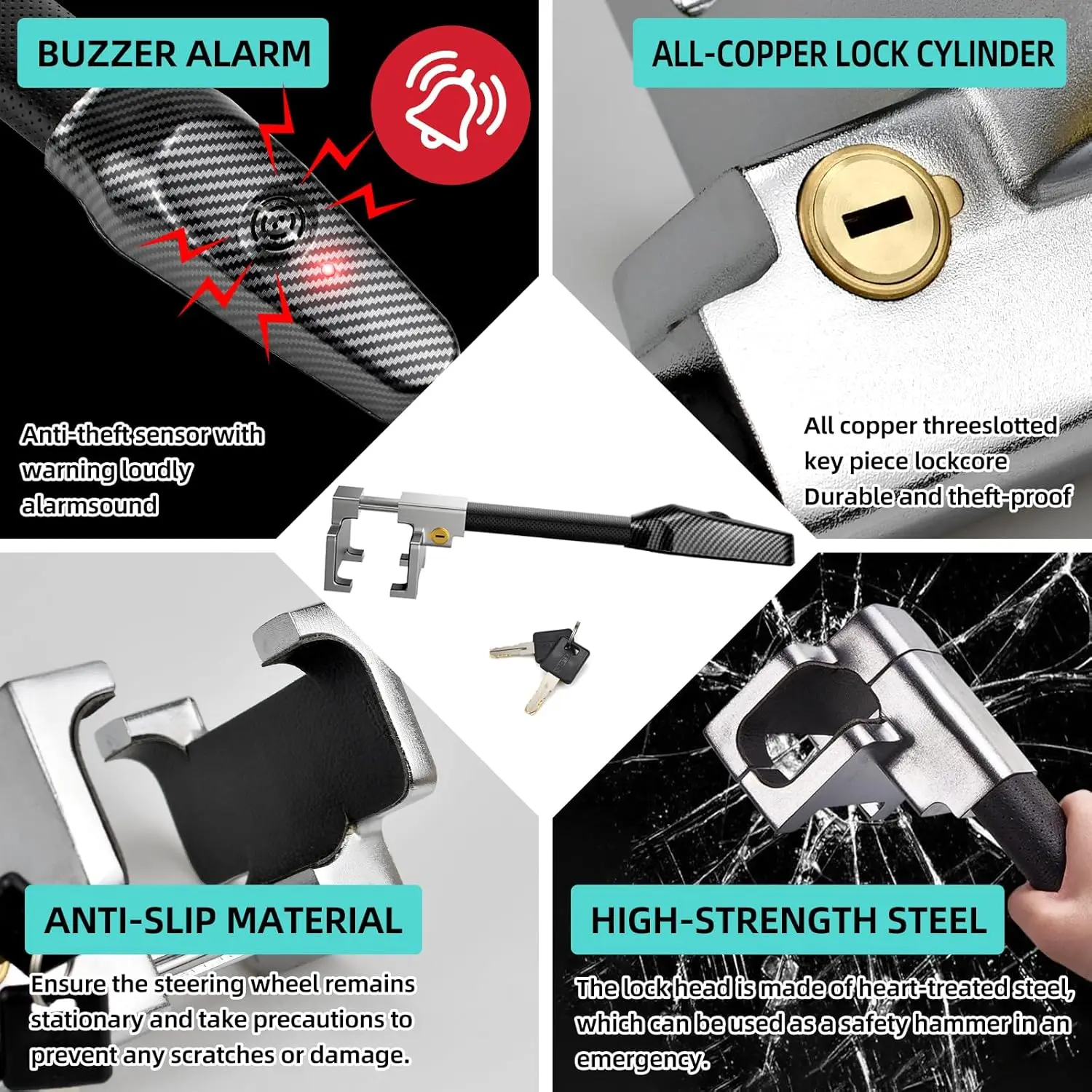 قفل عجلة قيادة مضاد للسرقة مع منبه، قفل أمان للسيارة مناسب عالميًا، فولاذ مقاوم للصدأ عالي التحمل، مفتاحين، أسود #3