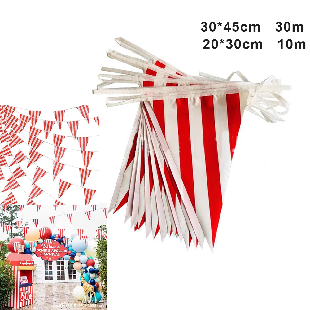 10/30M Carnival Themed Party Pennant Banner Plastic Red White Striped Triangle Bunting For Circus Birthday Party Home Decor