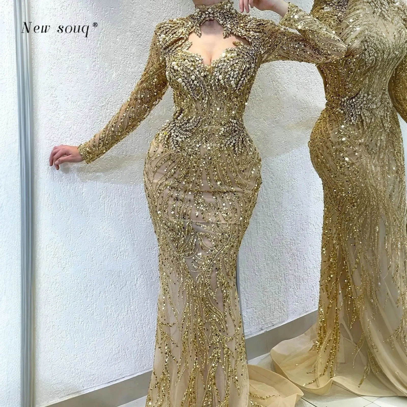 

Gold Crystals Long Sleeves Mermaid Prom Dresses Customized Arabic Glitter Beaded Sequins Evening Party Gowns for Weddings