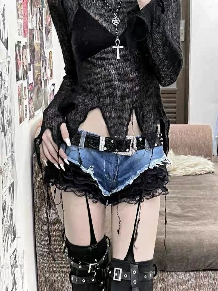 

Американские ретро-джинсы-шорты женские повседневные с кружевом, сексуальные, винтажные, пэчворк, однотонные, на молнии, летние, с низкой посадкой, облегающие, сексуальные, уличный стиль