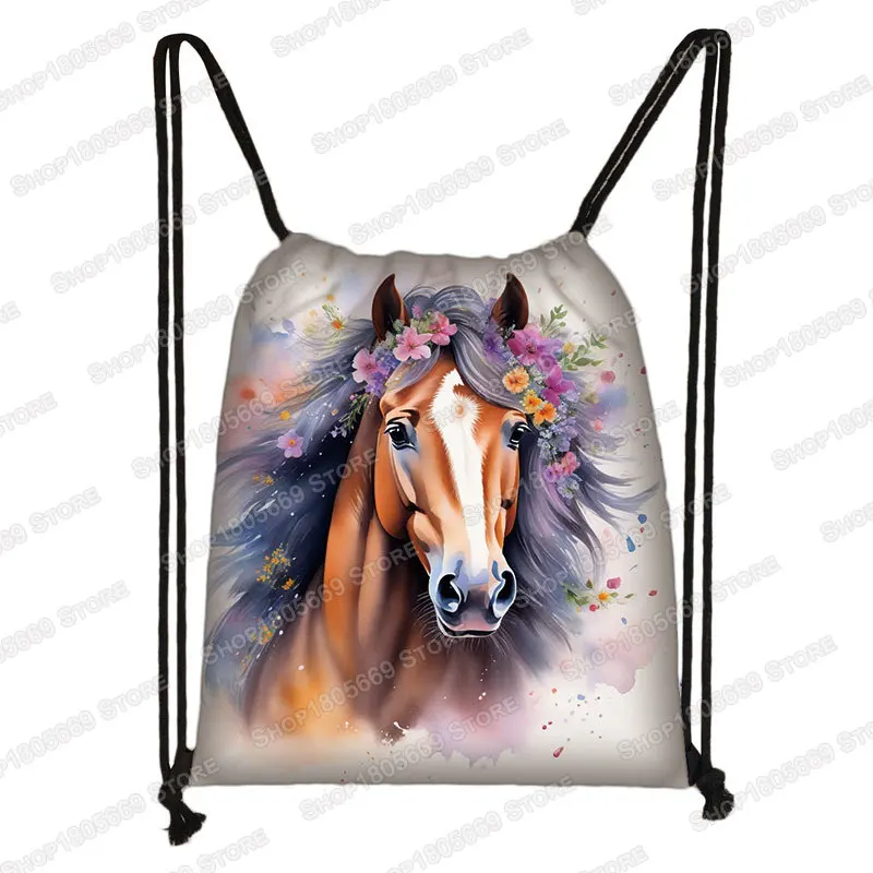 Cool Running Horse Print Drawstring Bag Beautiful Pony Women Shoes Storage Bags for Travel Student Bookbag Portable Shoes Holder view 3