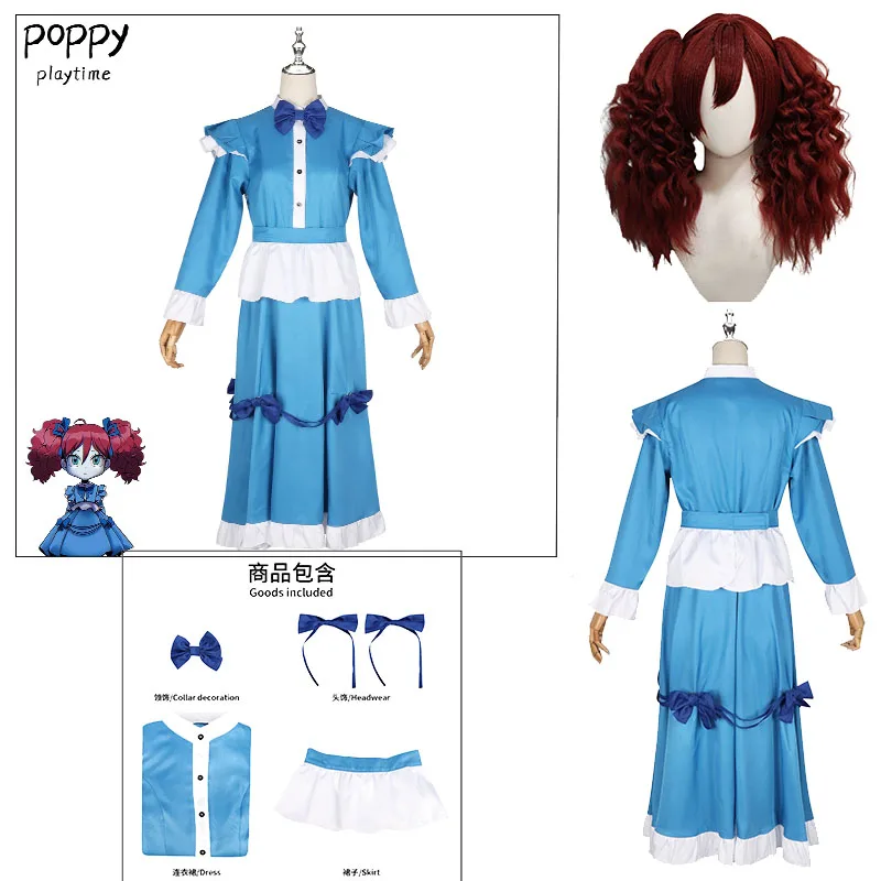 

Игра Poppy Cos Playtime Красные волосы Девушка Женщины Девушки Синее платье горничной Лолита Хэллоуин Вечернее платье The Poppy Косплей Костюм Платье