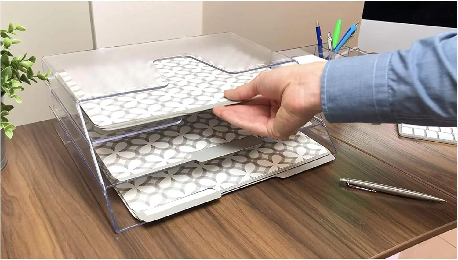 Horizontal Triple File Folder Holder Organizer (Clear Crystal Color)