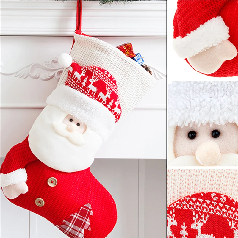 1 buah stoking Natal rajutan merah putih kaus kaki dekorasi perapian manusia salju Santa Claus tas hadiah Natal dekorasi pesta rumah permen