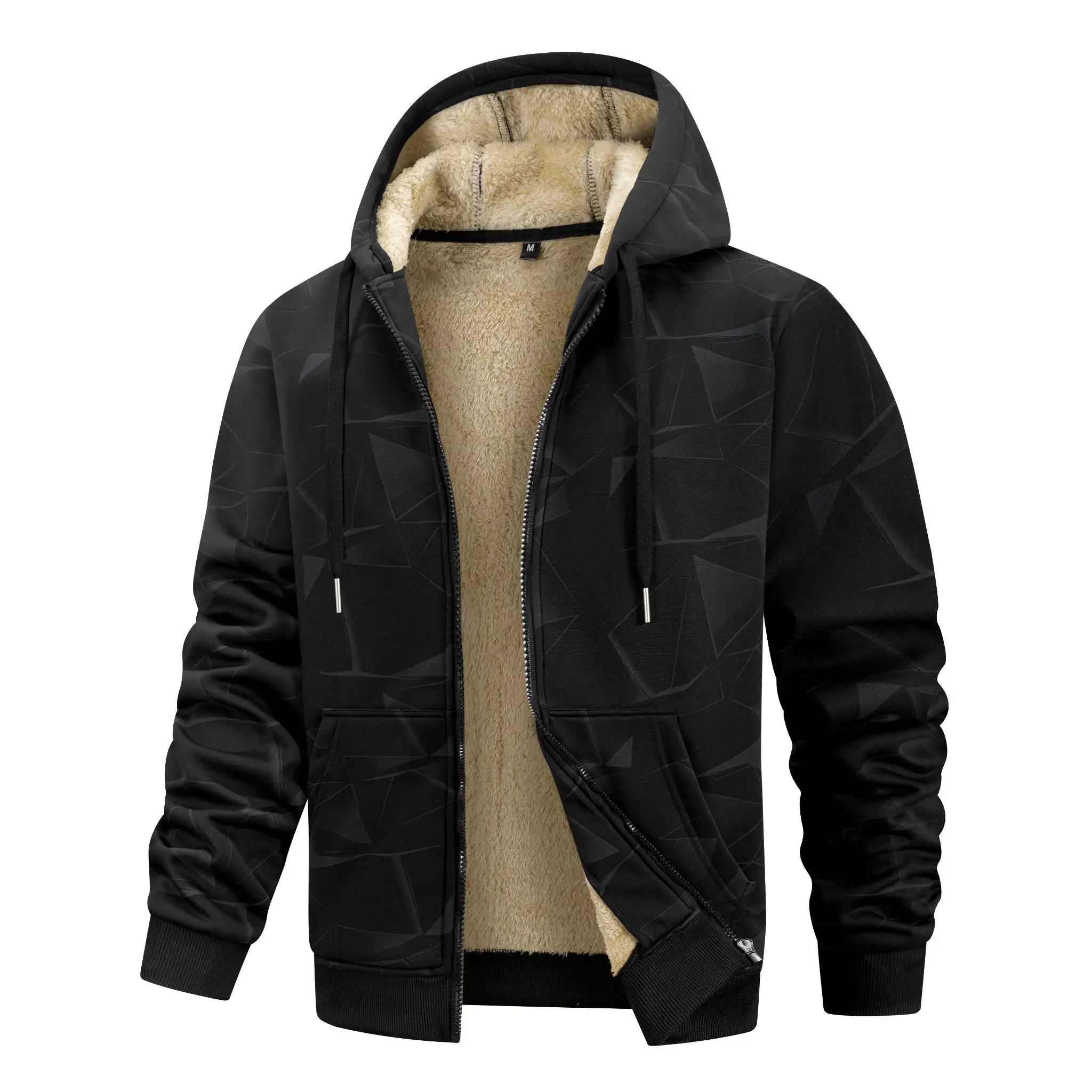 Men Geometric Print Zip Up Hooded Sweatshirt, Thick Fleece Lined, Drawstring Hood, Full Zipper Closure, Front Pockets, Ribbed Cuffs And Hem, Loose Fit, Warm Casual Long Sleeve Jacket For Autumn Winter