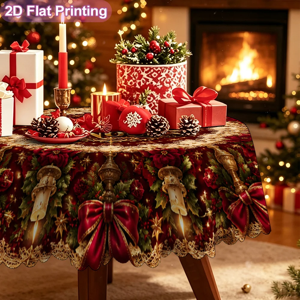 2D flat single piece festive round tablecloth with Royal Knoll Christmas wreath design, decorative tablecloth