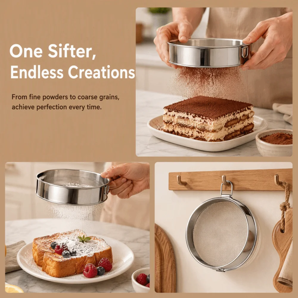 New 304 Stainless Steel Flour Sifter 15cm 60 Mesh Fine Mesh Strainer 40 Mesh Round Baking Sieve Pastry Decorating