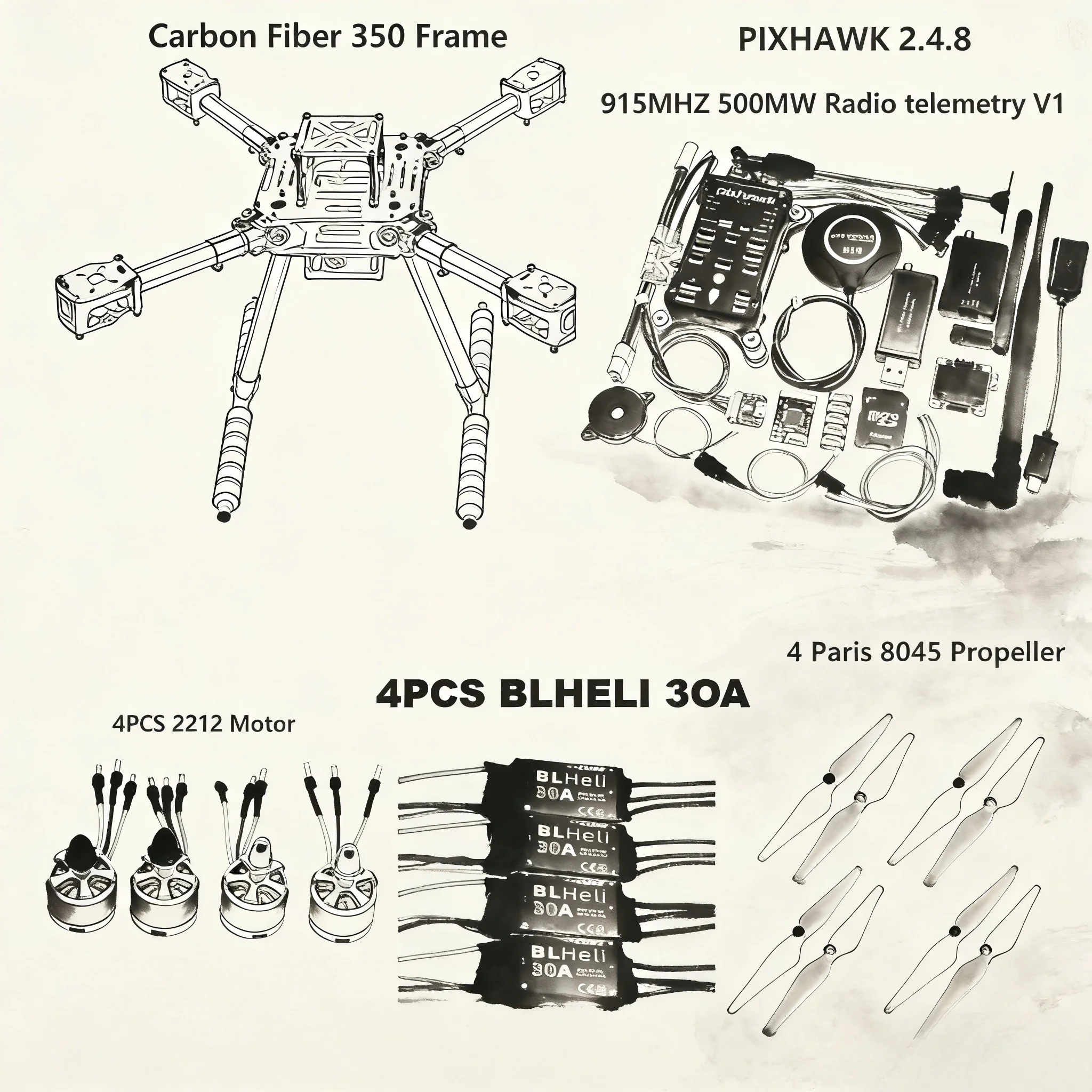 

F350 PixHawk2.4.8 M8N Flight Control Carbon Fiber Frame Kit Ardupilot 100MW Radio Telemetry Quadcopter BLHELI 30A 2212 Motor ESC