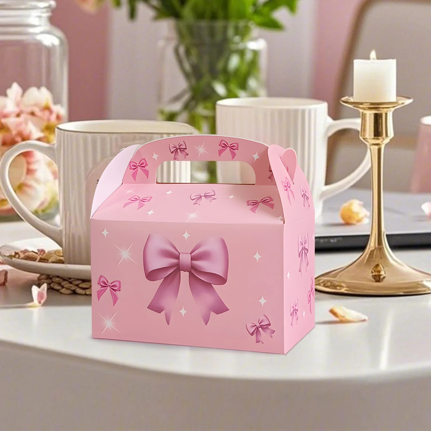 Caja de regalo de papel Kraft con lazo rosa, embalaje de mano para niños, pastel, dulces, galletas, almacenamiento, recuerdo de fiesta de cumpleaños, 12/24 Uds.