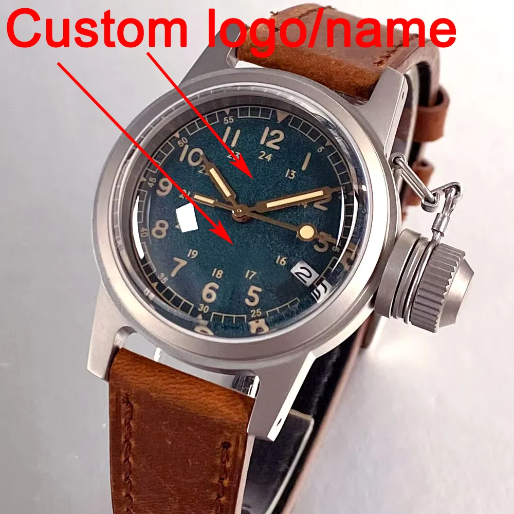 Customized Dark Green Vintage Dial Military 36MM NH35 Automatic Men Watch BigCrown 3.8 Date Dome Sapphire Glass Sandblasted Case