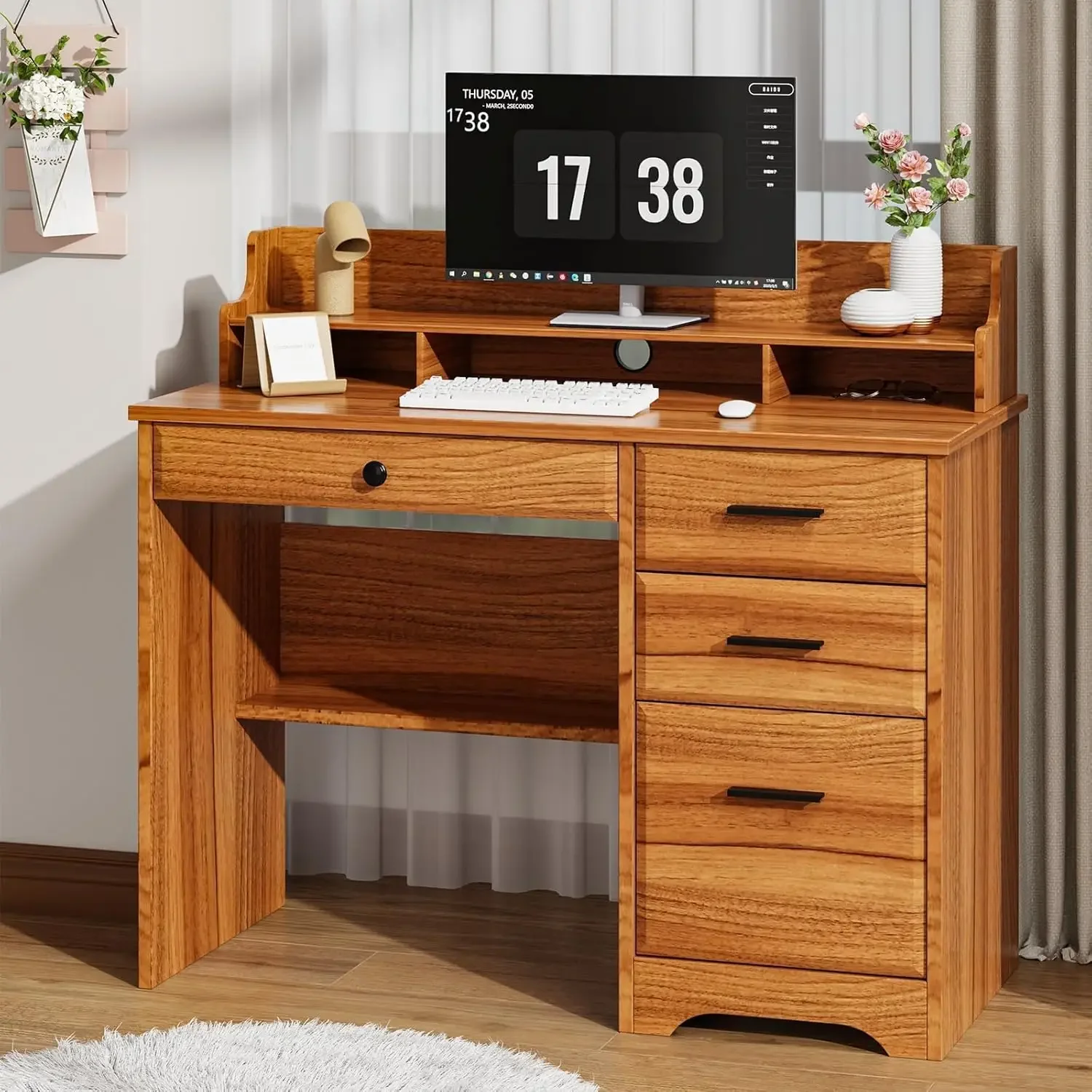 

Computer Desk with Drawers and Hutch Shelf, Farmhouse Home Office Desk with Storage Drawers