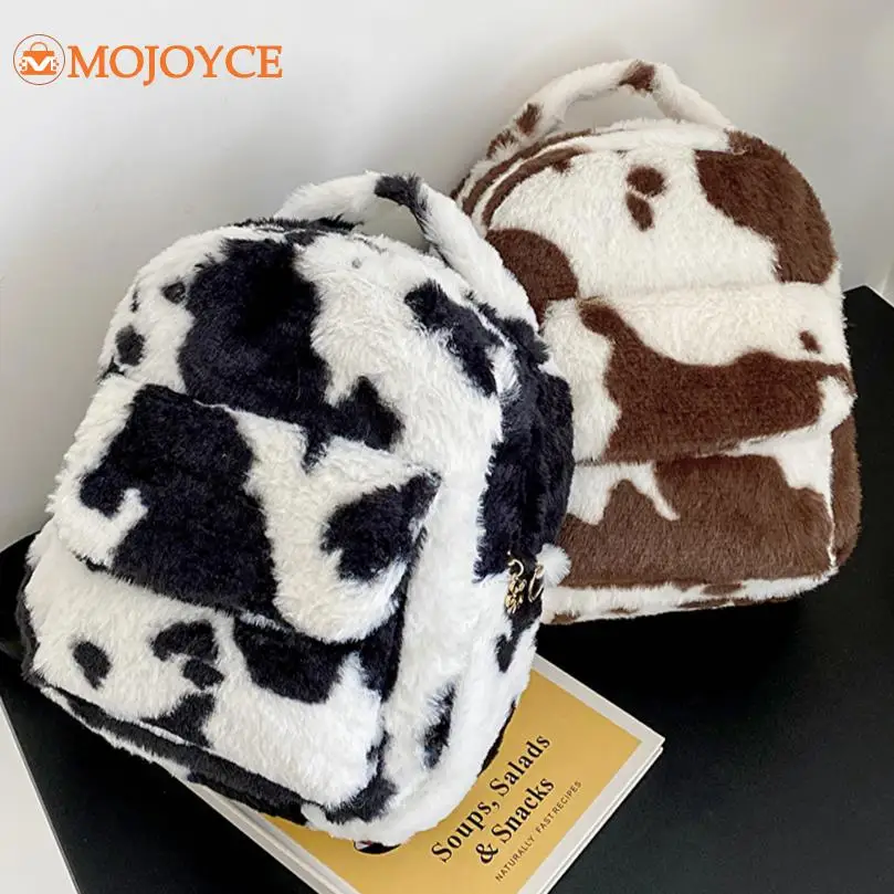 Cartoon Plush Mini Mochilas Milk Cow Pattern Small Backpacks Japanese Aesthetic Schoolbag Kawaii Fluffy Rucksack for Girls&Women