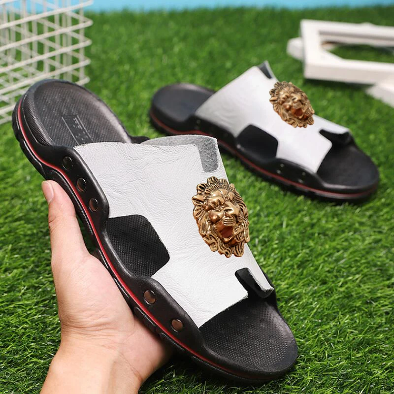 New slippers for men Summer Men\'s beach sandals Outdoor hollowed out cowhide rivets Flip-flops 47 48 large size