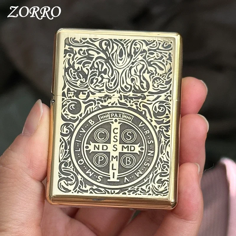 New ZORRO 912S Retro High End Heavy Armor Brass Titanium Windproof Kerosene Lighter 3/5 Hinge Metal Gasoline Lighter Men\'s Gift