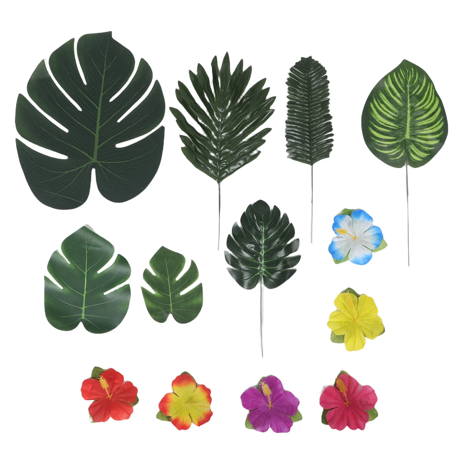 

112Pcs Simulation Leaves Artificial Hibiscus Flowers Faux Tropical Palms for Hawaiian Table Decorations Luau Party Beach Theme