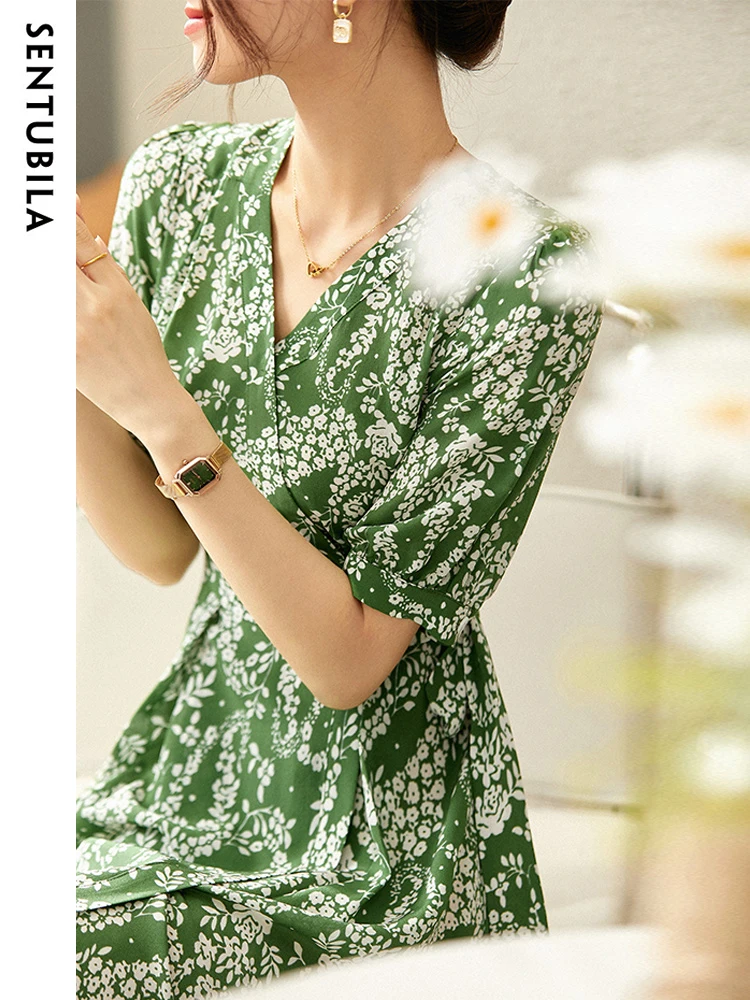 SENTUBILA 100% Mulberry Silk Printed Floral Dresses Women 2024 Summer Puff Sleeve Belted Fashion Midi Wrap Dress 142L53171X