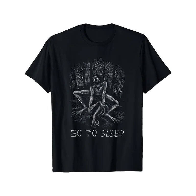 Camiseta de Terror S-level Thrilling Rak Monster Tales - Parte Inferior Negra con Estampado del Monstruo Rak Blanco y el Texto Icónico "Vamos a dormir"