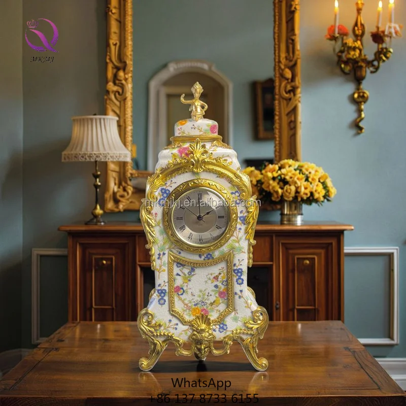 

Vintage Palace Style Hand-painted Flower And Bird Patterns Porcelain Clock Brass Gold Table Clock For Luxury Home Decor