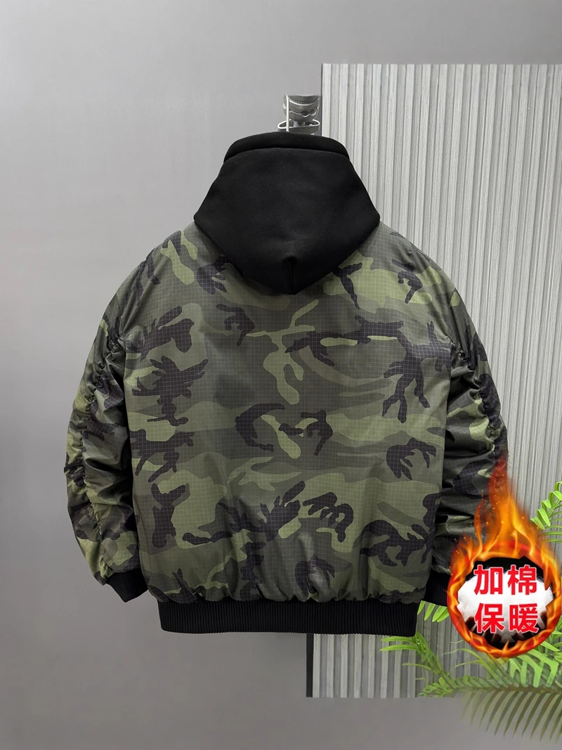Autumn Winter Men's Retro False Two-Piece Camouflage Jacket - Plus Size Thickened Warm Casual Cotton Coat